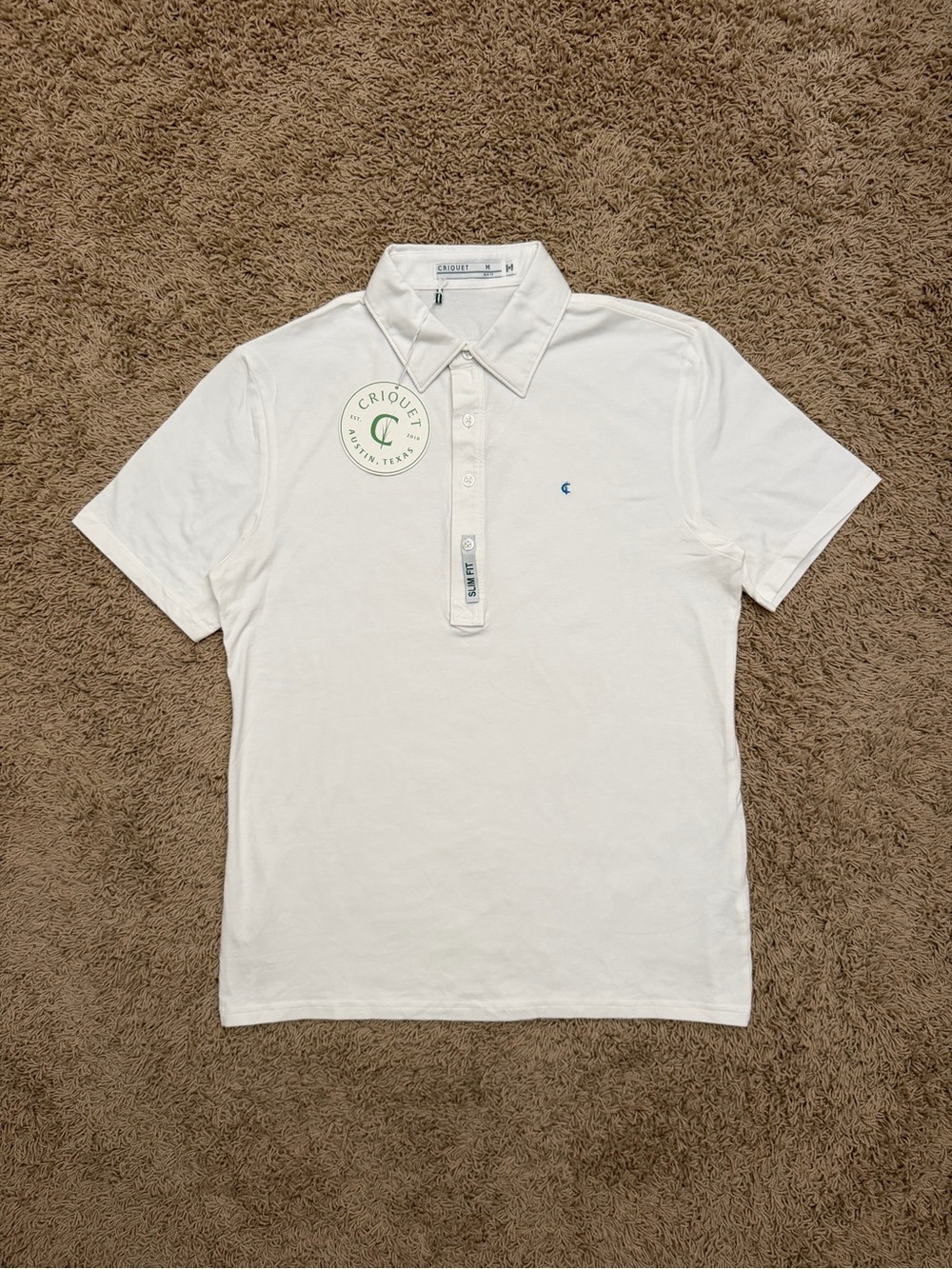 NEW Criquet Polo Shirt Men M White Pima Cotton Stretch Slim Fit Button Logo Golf
